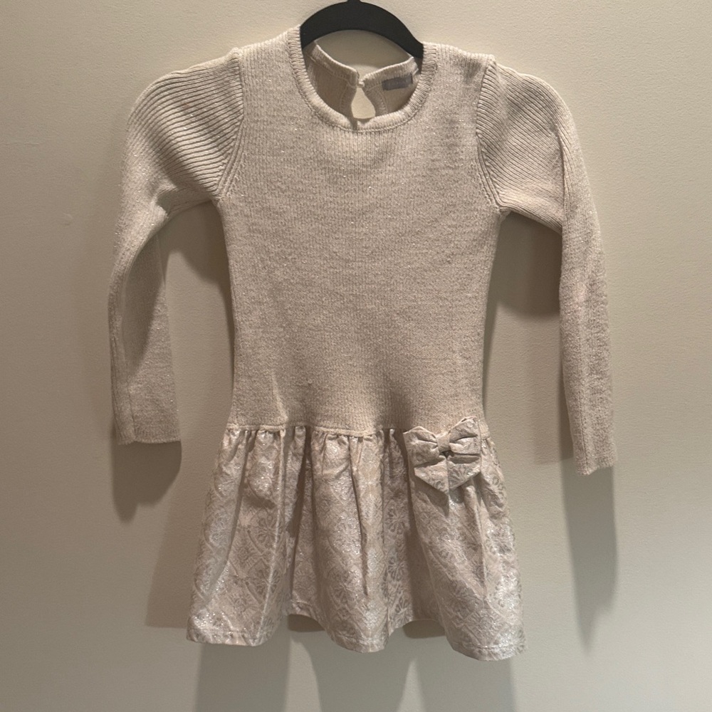 Girls Winter Cream Long Sleeve Sweater Dress with Bow